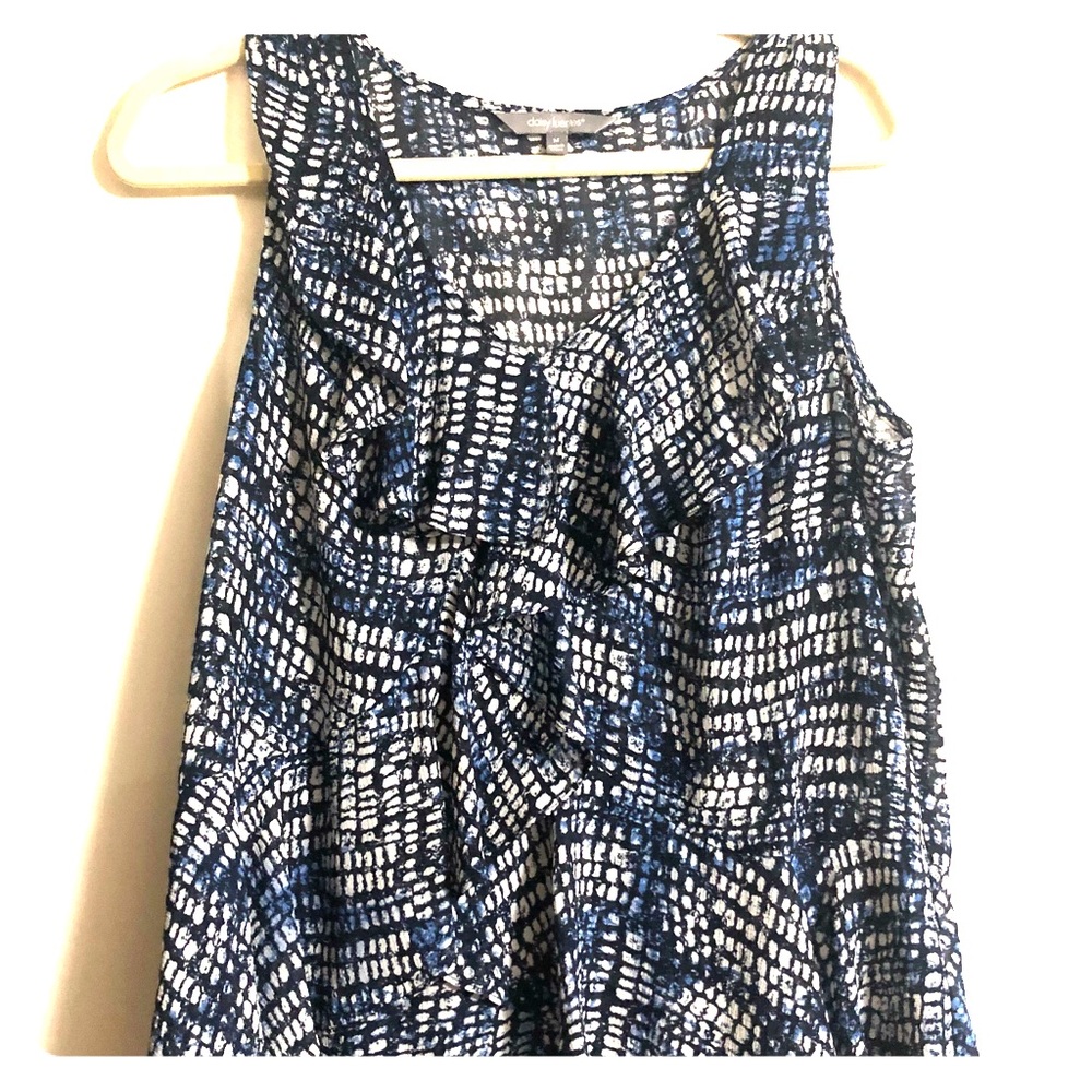 Blue Black and White Patterned Ruffle Tank